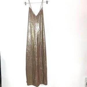 H&M Bronze Sequin V-Neck Strappy Maxi Midi Dress Size Large